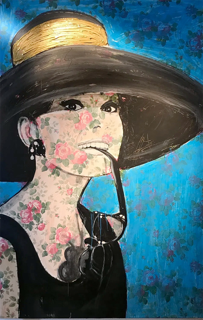 Portrait von Audrey Hepburn. Acryl und Ölfarben auf Blumentapete. Epoxydharzfinish.
