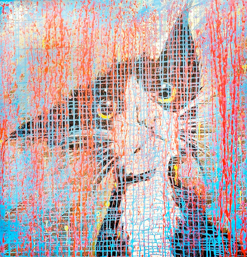 Das Portrait einer verrückten Katze die nach Durchblick sucht. Gemalt mit fluoreszierenden Acrylfarben auf vergoldete Leinwand. Das Bild kann sofort aufgehängt werden und ist ein optischer Blickfang auf jeder Wand.