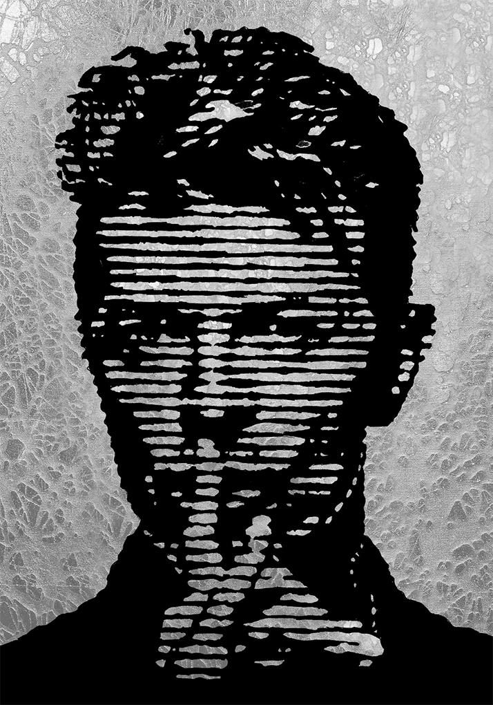 Abstraktes Portrait von David Bowie. Mit schwarzer Acrylfarbe auf versilberte Leinwand gemalt und mit Epoxidharz veredelt. Dieses Motiv male ich im Auftrag in allen Grössen und mit verschiedenfarbigen Hintergründen.