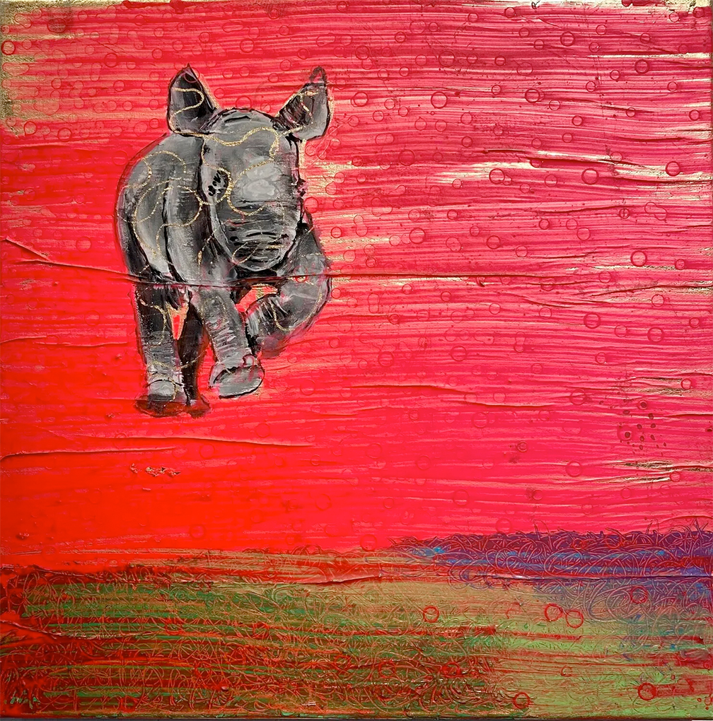 Glückliches, kleines Rhino, das vor Freude über die Erde hüpft. Mit Acrylfarbe auf vergoldete Leinwand gemalt. Diese Motiv ist in allen Wunschgrössen erhältlich. Jedes Bild ist ein Unikat.
