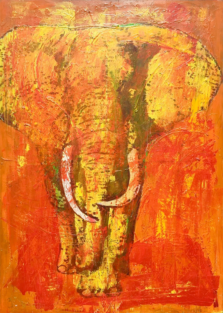 Elefant in Afrika. Orange. Avryl auf Leinwand.