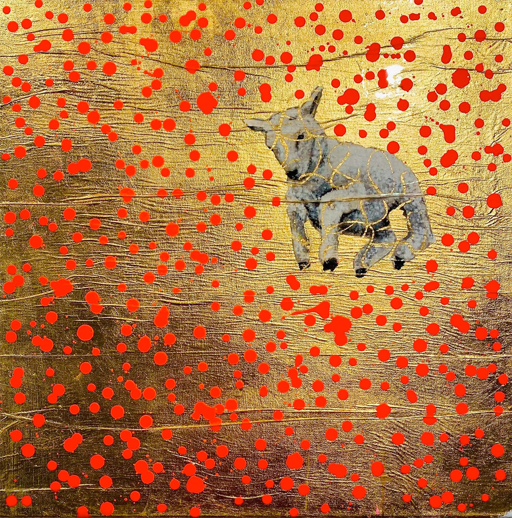 50 x 50 cm Ein fröhliches Lamm springt durch eine rosarote Welt. Keine Sorgen, keine Gedanken über morgen. Das Glück im Augenblick. Mit Acrylfarben auf vergoldete Leinwand (Schlaggold) gemalt. Ein sympathischer Blickfang auf jeder Wand.