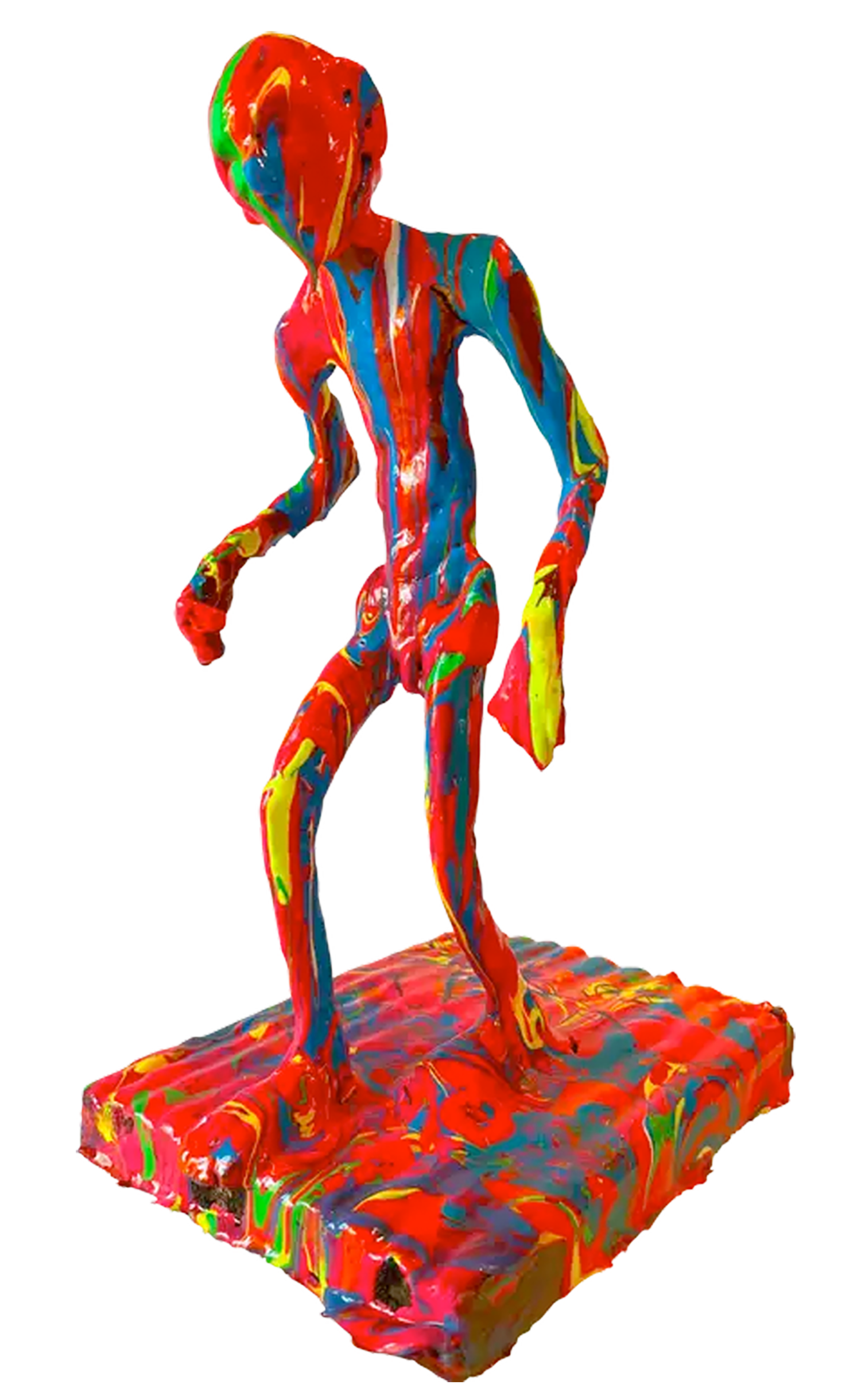 Die Skulptur eines "colorwalkers". Bunt und froh erkundet er seine Welt. Diese Skulptur ist zunächst aus Ton modelliert und danach mit Farbe und Epoxidharz gestaltet worden. Sie steht auf einem Stück Holz.